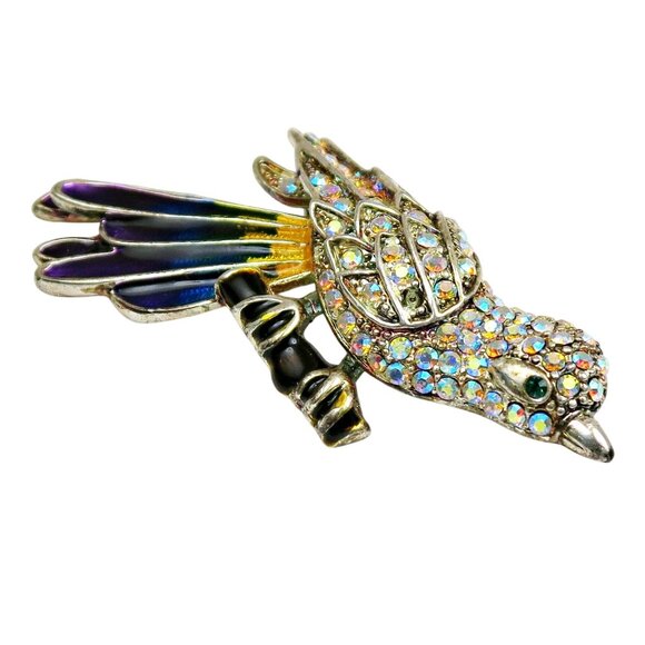 Vintage Aurora Borealis Rhinestone & Enamel Bird Brooch, Mid-Century Jewelry - Picture 2 of 6